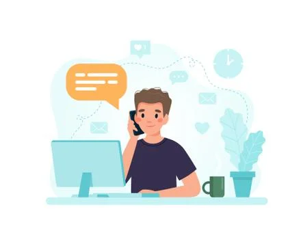 Man sitting at a desk with computer responding to a call. Vector illustration Illustrazione stock