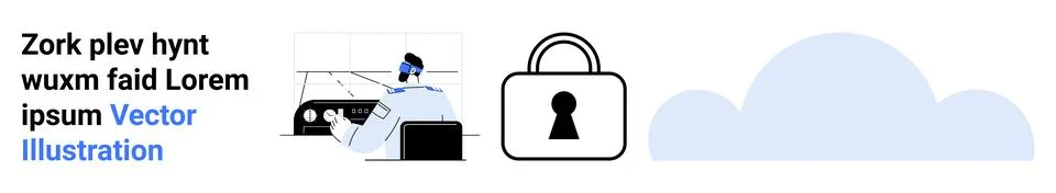 Man sitting at desk with a computer, a secure lock icon, and a cloud image. I Stock Illustration