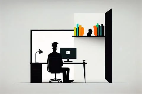 A man sitting at a desk in front of a computer monitor and a book shelf ani.. Illustrazione stock