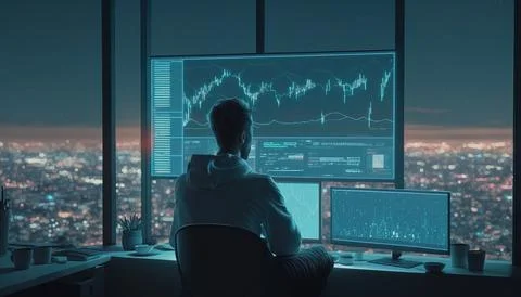 A man sitting at a desk in front of a computer monitor with a stock chart o.. Illustrazione stock