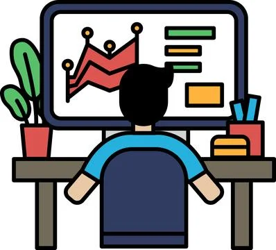A man is sitting at a desk in front of a computer monitor Illustrazione stock