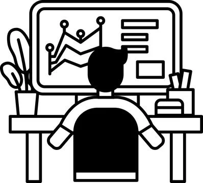 A man is sitting at a desk in front of a computer monitor イラスト素材