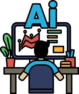 A man is sitting at a desk in front of a computer monitor with the letters .. Stock Illustration