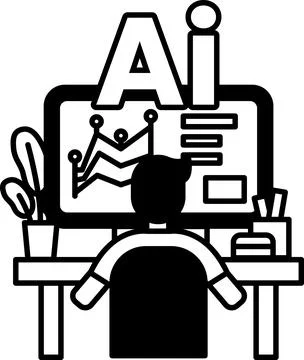 A man is sitting at a desk in front of a computer monitor with the letters AI Stock Illustration