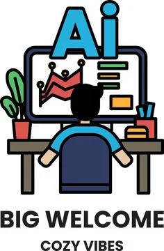 A man is sitting at a desk in front of a computer monitor Stock Illustration