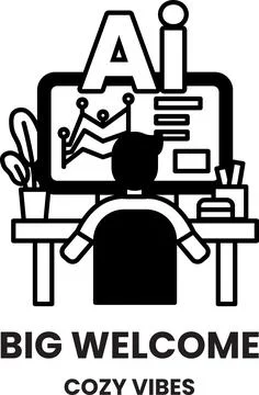 A man is sitting at a desk in front of a computer monitor Stock Illustration