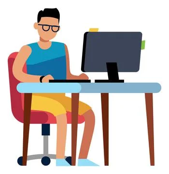 Man sitting at desk. Guy working on computer. Remote office icon Stock Illustration