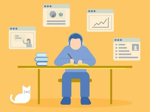 Man sitting at desk. Learning online course. Illustrazione stock