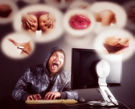 Man sitting at desk looking on computer screen Illustrazione stock