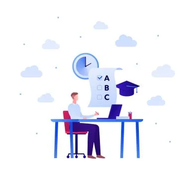 Man sitting at desk study laptop computer. Clock, exam and graduate magister hat Stock Illustration