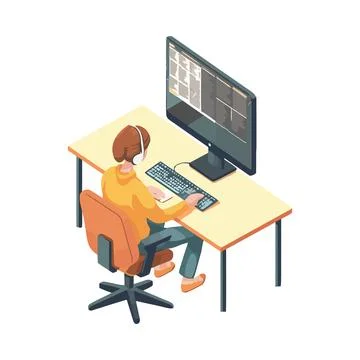 Man sitting at desk using computer technology Illustrazione stock
