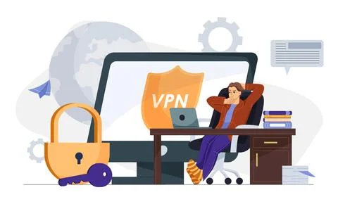 Man sitting at desk with VPN security concept. Stock Illustration