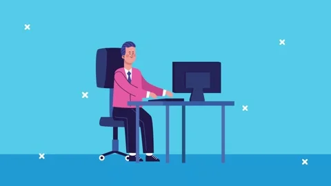 Man sitting at desk working on computer animation, office scene with blue b.. Stock Footage 333289776