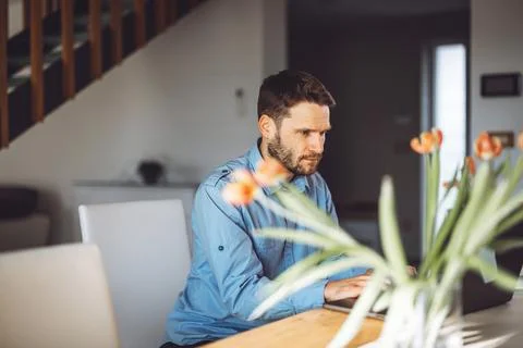 Man sitting by the dining room table watching a football game on his laptop with Stock Photos