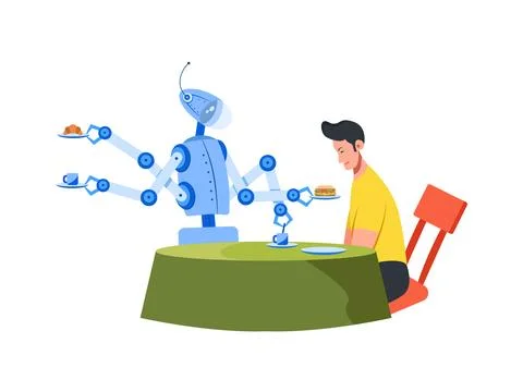 Man sitting at the dining table. Satisfied robot carries a tray of food and.. Stock Illustration