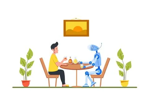 Man sitting at the dining table. Satisfied robot carries a tray of food and.. Stock Illustration