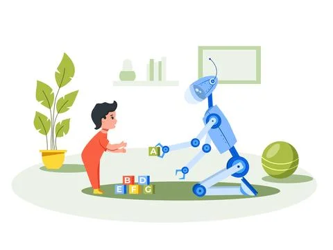 Man sitting at the dining table. Satisfied robot carries a tray of food and.. Stock Illustration