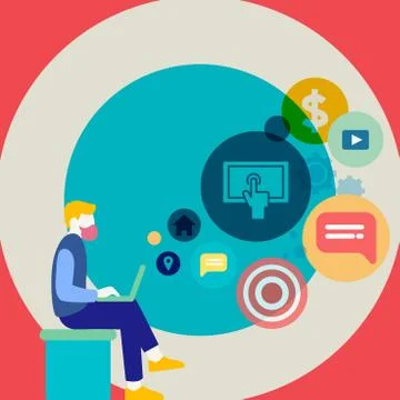 Man Sitting Down with Laptop on his Lap. Search Engine Optimization Icons on the Stock Illustration