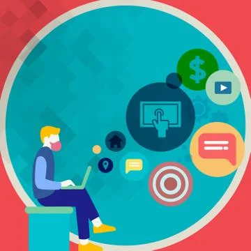 Man Sitting Down with Laptop on his Lap. Search Engine Optimization Icons on the イラスト素材