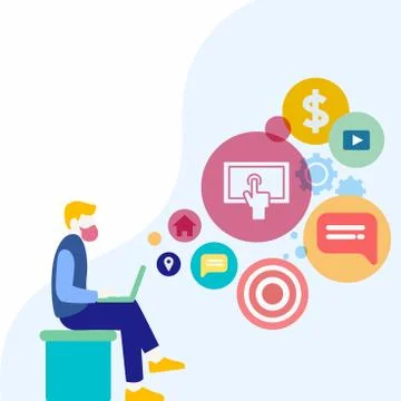 Man Sitting Down with Laptop on his Lap. Search Engine Optimization Icons on the Stockillustratie