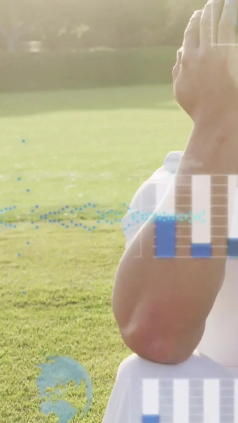 Man sitting elbow on knee, UI appearing, raising hand as HUD bar charts 動画素材 331790030