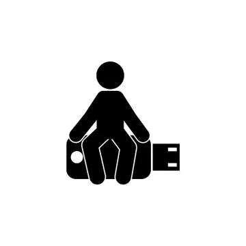 Man sitting on a flash drive icon. Simple glyph, flat vector of technology wi Illustrazione stock