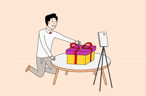 Man is sitting on the floor in front of a table with a large box on it Stock Illustration