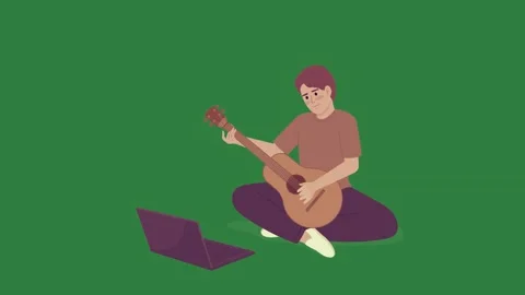 A man sitting on the floor playing guitar and person ground green screen Видео 335130099