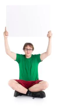 Man Sitting on the Floor Raising an Empty Board Stock Photos