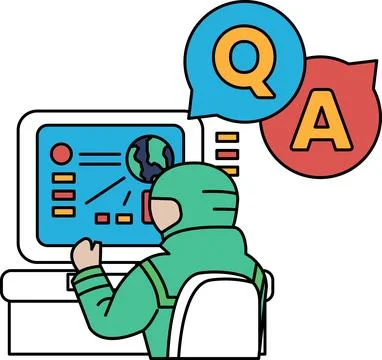 A man is sitting in front of a computer with a question mark Stock Illustration