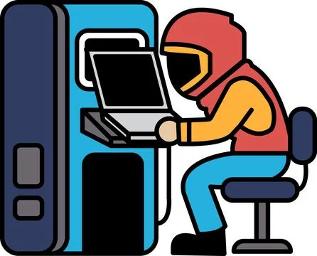 A man is sitting in front of a vending machine, typing on a laptop Stock Illustration