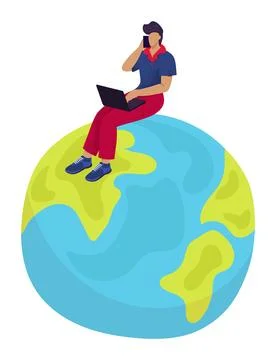 Man sitting on globe working on laptop and talking on phone. Remote worker Stock Illustration