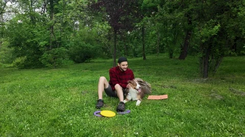 Man sitting on grass cuddling and kissing Australian Shepherd dog in park after Stock Footage 319926146