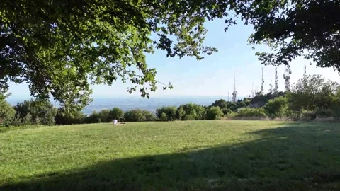 Man Sitting on Grass Overlooking City Skyline – Horizontal Drone Footage Video stock 314731000