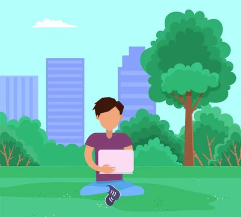 Man sitting on grass in the park and working on laptop. Guy spends time outdoors 스톡 일러스트
