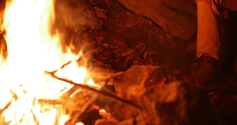 Man sitting grilling something on a stick over a campfire Video stock 152851999