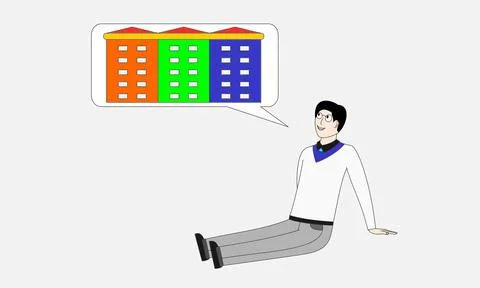 A man is sitting on the ground and talking about buildings Stock Illustration