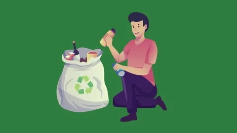 A man sitting on the ground next to garbage bag and isolated isolated on green Stock Footage 336891278