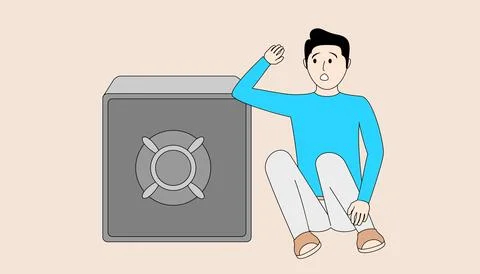 A man is sitting on the ground next to a large safe Stock Illustration