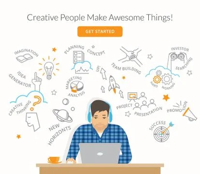 Man sitting at his work desk and planning a project startup Stock Illustration