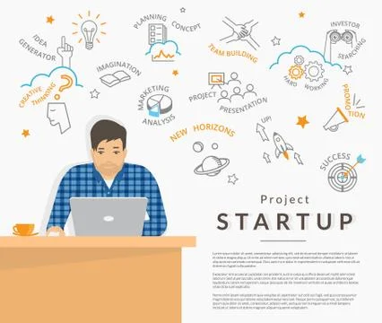 Man sitting at his work desk and planning a project startup Stock Illustration