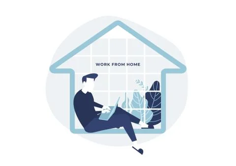 Man sitting in a house with a notebook computer in his hand. Work from home c Stock Illustration