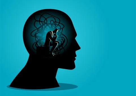 Man sitting in human head with tangled cords Stock Illustration