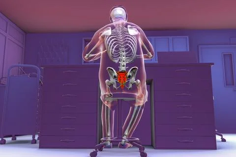 A man sitting in a laboratory with a highlighted skeleton, 3D illustration Stock Illustration
