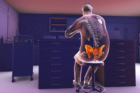 A man sitting in a laboratory with a highlighted skeleton, 3D illustration Stock Illustration
