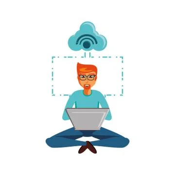 Man sitting with laptop and cloud computing Stock Illustration