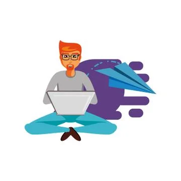 Man sitting with laptop computer and airplane paper Stock Illustration