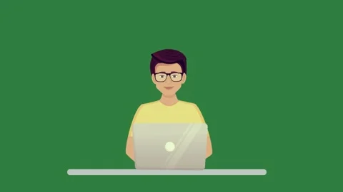A man sitting at laptop on green background and in front of Stock Footage 337028640
