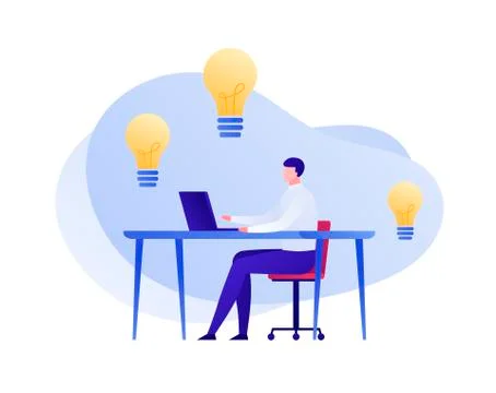 Man sitting with laptop, light bubble idea symbol. Stock Illustration