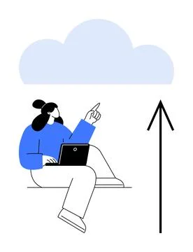 Man sitting with laptop pointing to cloud, representing cloud computing and.. Stock Illustration